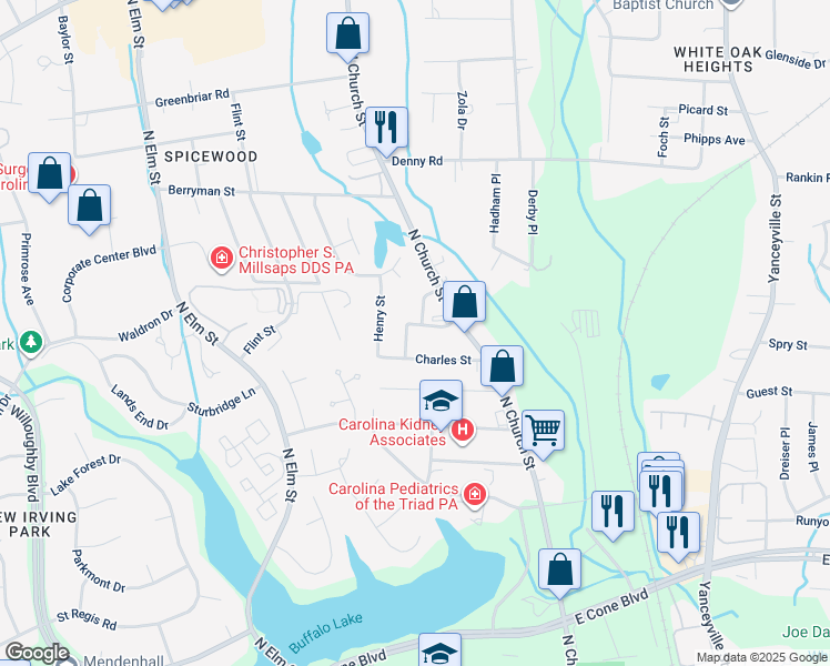 map of restaurants, bars, coffee shops, grocery stores, and more near 302 Broadview Street in Greensboro