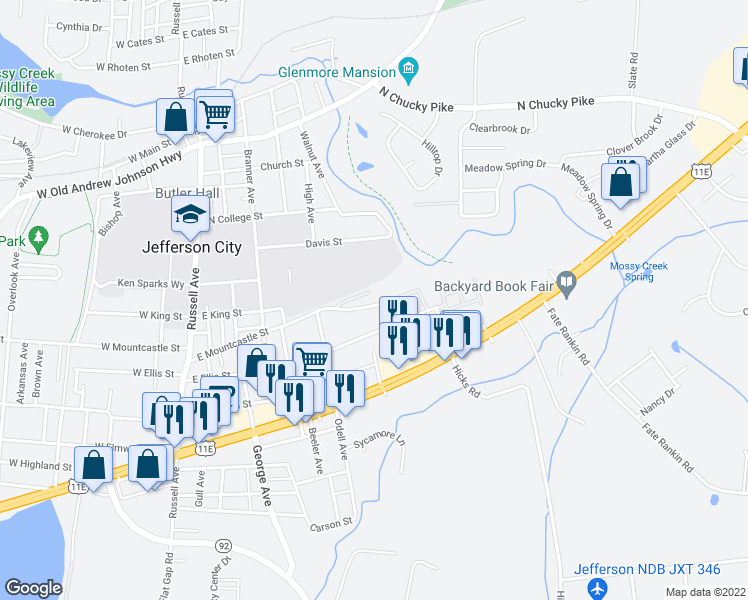 map of restaurants, bars, coffee shops, grocery stores, and more near 1026 East Mountcastle Street in Jefferson City