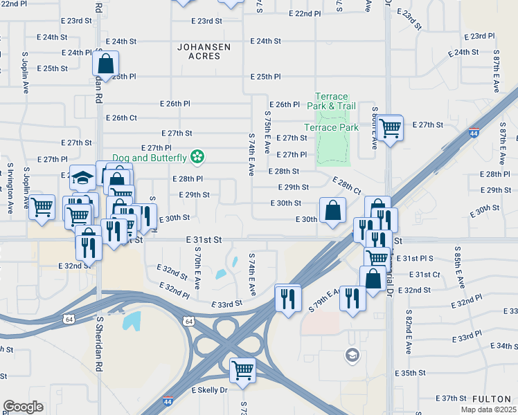 map of restaurants, bars, coffee shops, grocery stores, and more near 3019 South 74th East Avenue in Tulsa