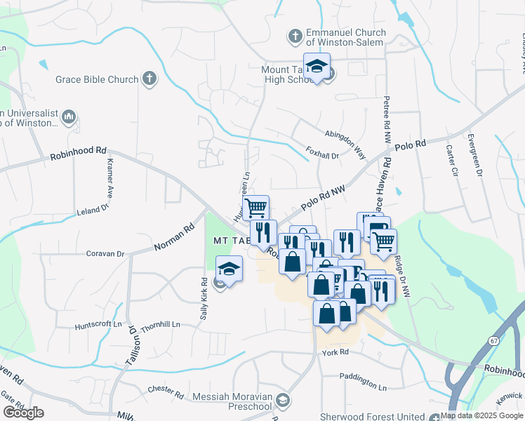 map of restaurants, bars, coffee shops, grocery stores, and more near 3501 Beacon Hill Drive Northwest in Winston-Salem
