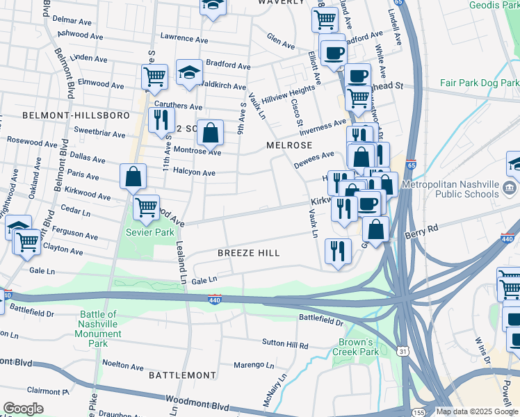 map of restaurants, bars, coffee shops, grocery stores, and more near 831 Kirkwood Avenue in Nashville