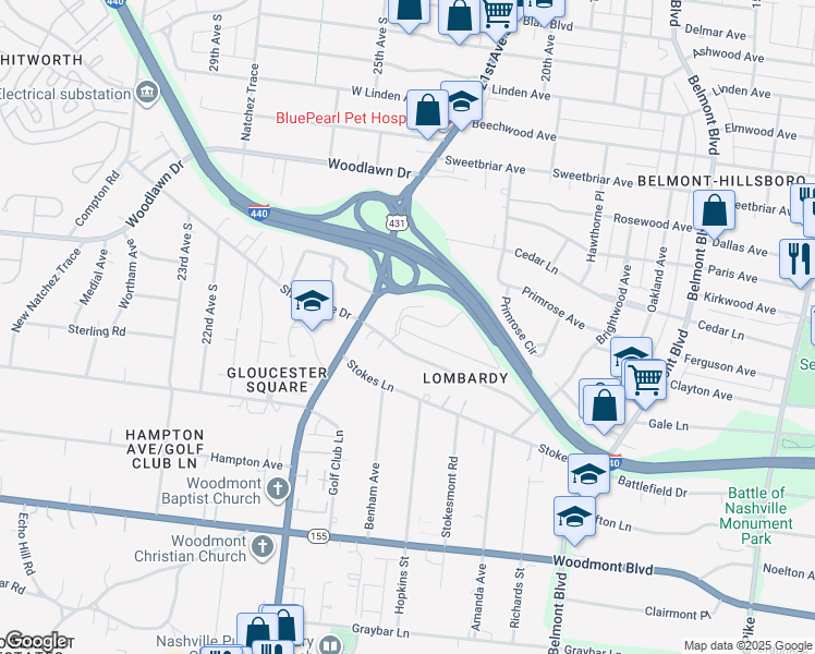 map of restaurants, bars, coffee shops, grocery stores, and more near 2010 Lombardy Avenue in Nashville