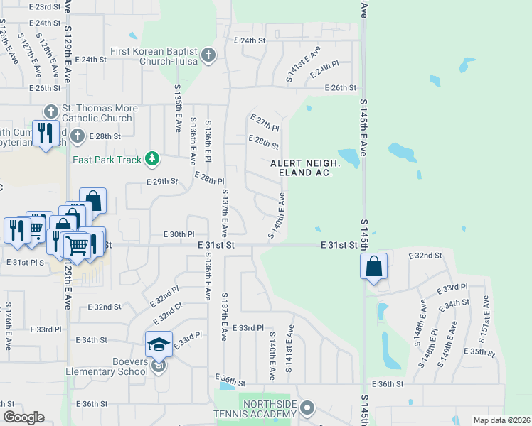 map of restaurants, bars, coffee shops, grocery stores, and more near 13806 East 30th Street in Tulsa
