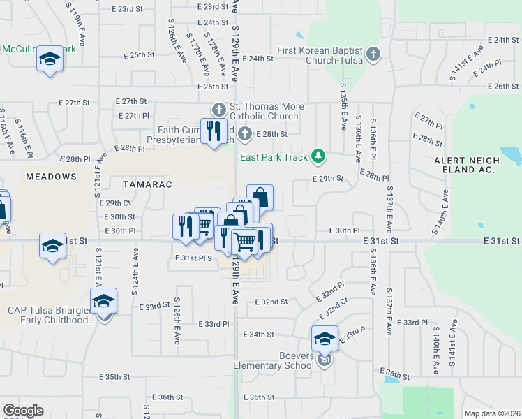 map of restaurants, bars, coffee shops, grocery stores, and more near 12919 East 31st Street in Tulsa