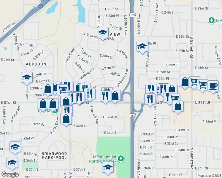 map of restaurants, bars, coffee shops, grocery stores, and more near 3030 South 101st East Avenue in Tulsa