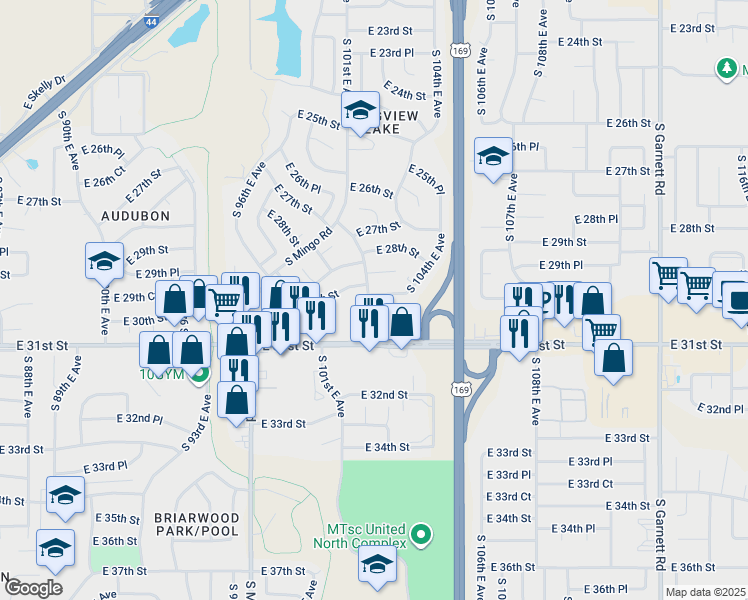 map of restaurants, bars, coffee shops, grocery stores, and more near 3030 South 101st East Avenue in Tulsa