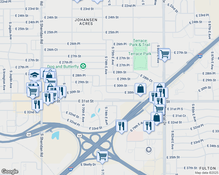map of restaurants, bars, coffee shops, grocery stores, and more near 3019 South 74th East Avenue in Tulsa