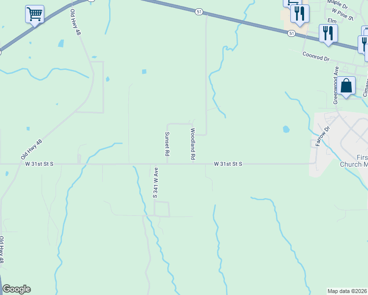 map of restaurants, bars, coffee shops, grocery stores, and more near 3055 Sunset Road in Mannford