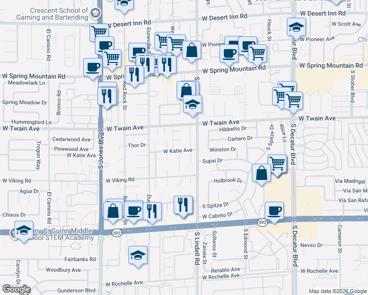 map of restaurants, bars, coffee shops, grocery stores, and more near 5601 West Katie Avenue in Las Vegas