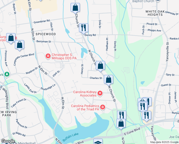 map of restaurants, bars, coffee shops, grocery stores, and more near 302 Broadview Street in Greensboro