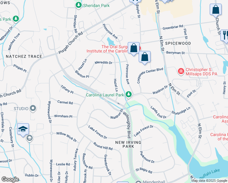 map of restaurants, bars, coffee shops, grocery stores, and more near 3705 Hazel Lane in Greensboro