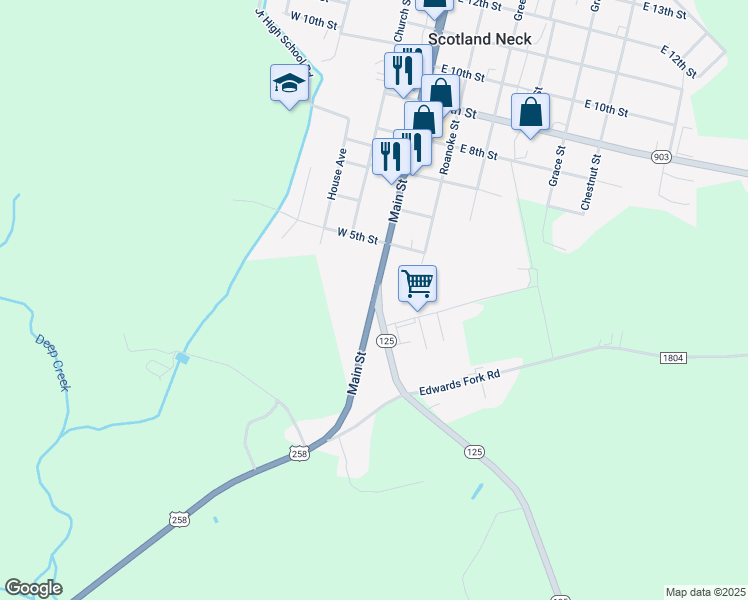 map of restaurants, bars, coffee shops, grocery stores, and more near NC-125 & US-258 in Scotland Neck