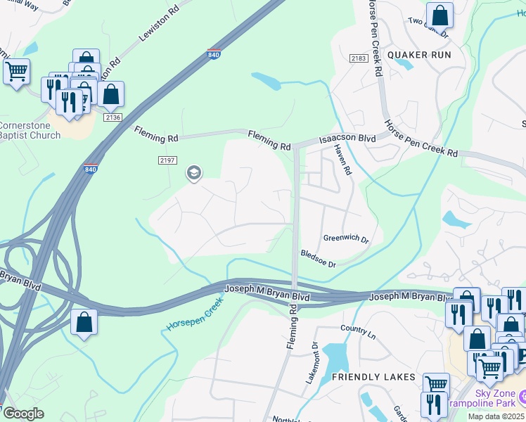 map of restaurants, bars, coffee shops, grocery stores, and more near 9 Country Woods Court in Greensboro