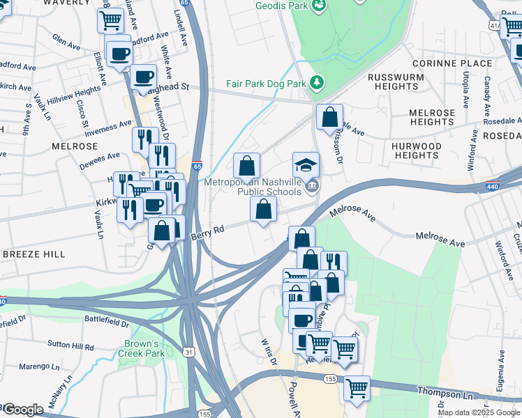map of restaurants, bars, coffee shops, grocery stores, and more near 704 Berry Road in Nashville