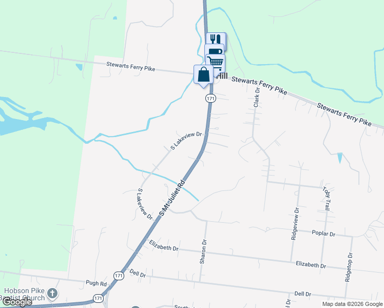 map of restaurants, bars, coffee shops, grocery stores, and more near 3669 South Mount Juliet Road in Rural Hill