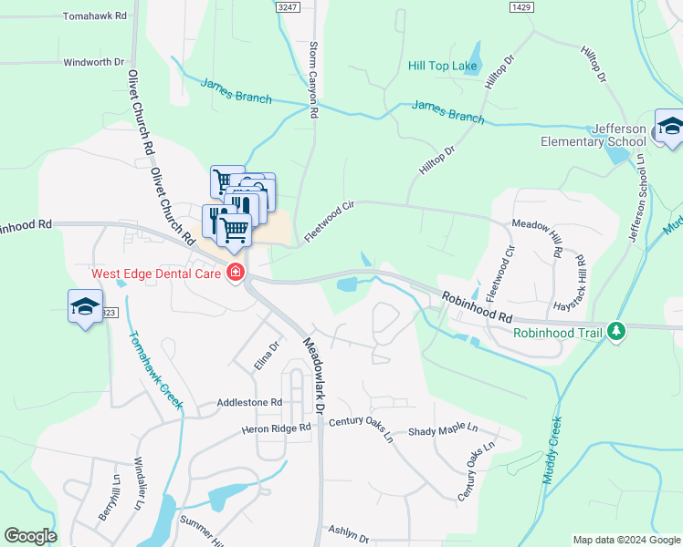 map of restaurants, bars, coffee shops, grocery stores, and more near Robinhood Road in Pfafftown