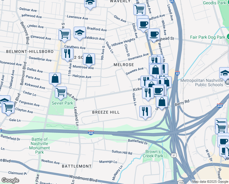 map of restaurants, bars, coffee shops, grocery stores, and more near 831 Kirkwood Avenue in Nashville