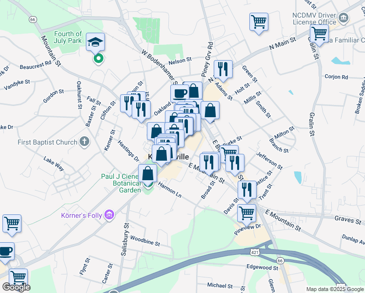map of restaurants, bars, coffee shops, grocery stores, and more near 126 North Main Street in Kernersville