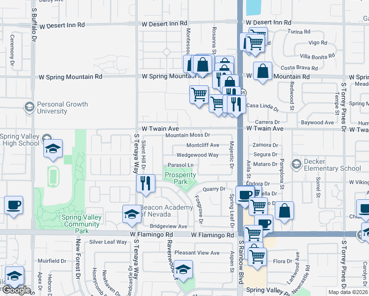 map of restaurants, bars, coffee shops, grocery stores, and more near 7119 Montcliff Avenue in Las Vegas
