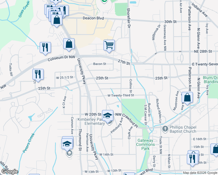 map of restaurants, bars, coffee shops, grocery stores, and more near 2303 Cherry Street in Winston-Salem