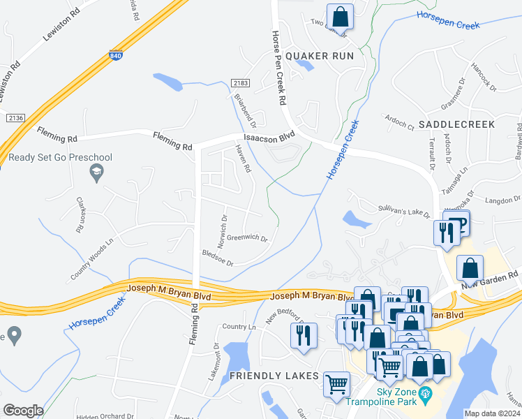 map of restaurants, bars, coffee shops, grocery stores, and more near 5608 David Christian Place in Greensboro