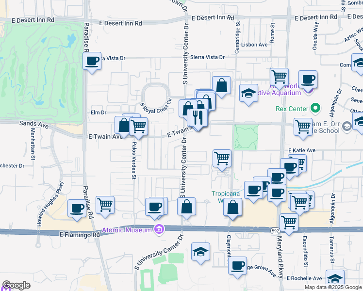 map of restaurants, bars, coffee shops, grocery stores, and more near 3830 South University Center Drive in Las Vegas