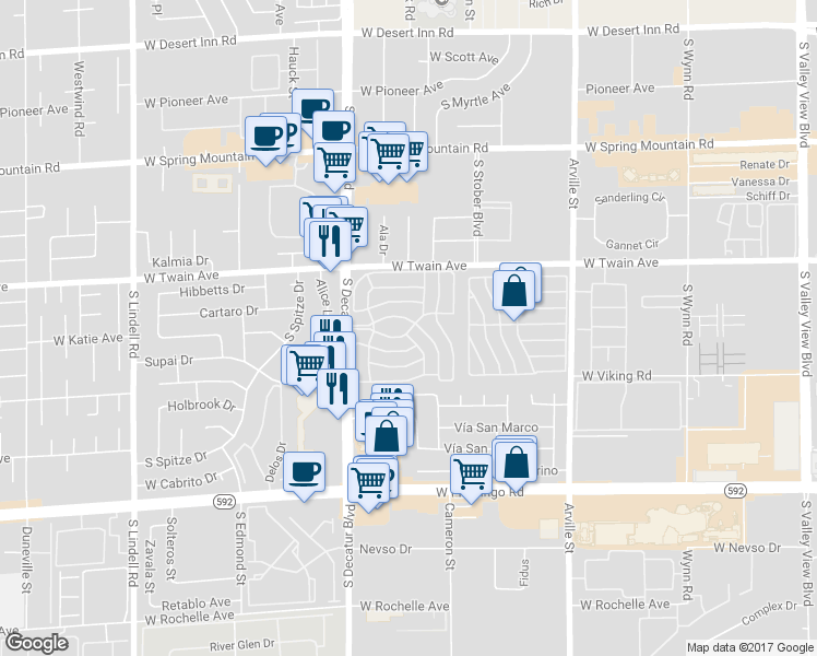 map of restaurants, bars, coffee shops, grocery stores, and more near Unnamed Road in Las Vegas