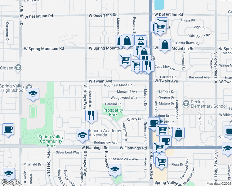 map of restaurants, bars, coffee shops, grocery stores, and more near 7131 Wedgewood Way in Las Vegas