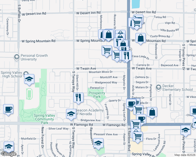 map of restaurants, bars, coffee shops, grocery stores, and more near 7131 Wedgewood Way in Las Vegas