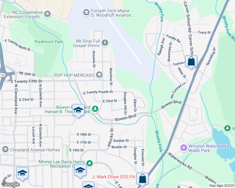 map of restaurants, bars, coffee shops, grocery stores, and more near 2203 23rd Street Northeast in Winston-Salem