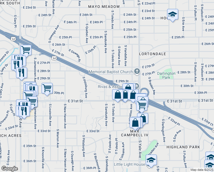 map of restaurants, bars, coffee shops, grocery stores, and more near 4329 East 30th Street in Tulsa