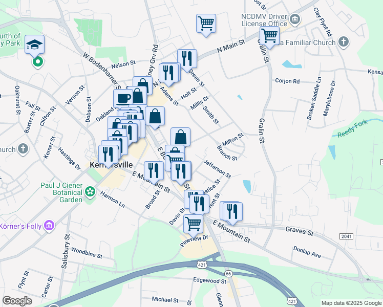 map of restaurants, bars, coffee shops, grocery stores, and more near 310 Jefferson Street in Kernersville