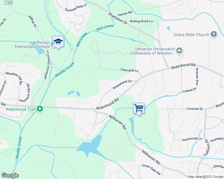 map of restaurants, bars, coffee shops, grocery stores, and more near 42 Robinhood Circle in Winston-Salem