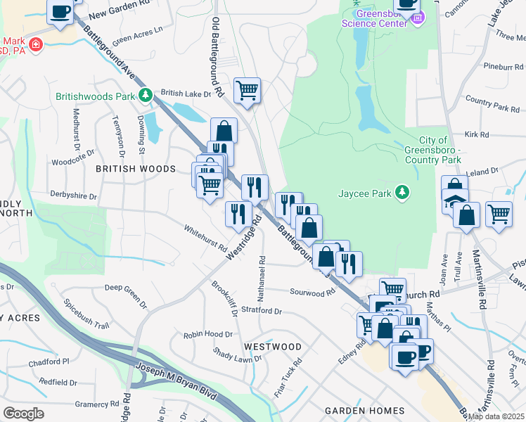 map of restaurants, bars, coffee shops, grocery stores, and more near 3315 Battleground Avenue in Greensboro