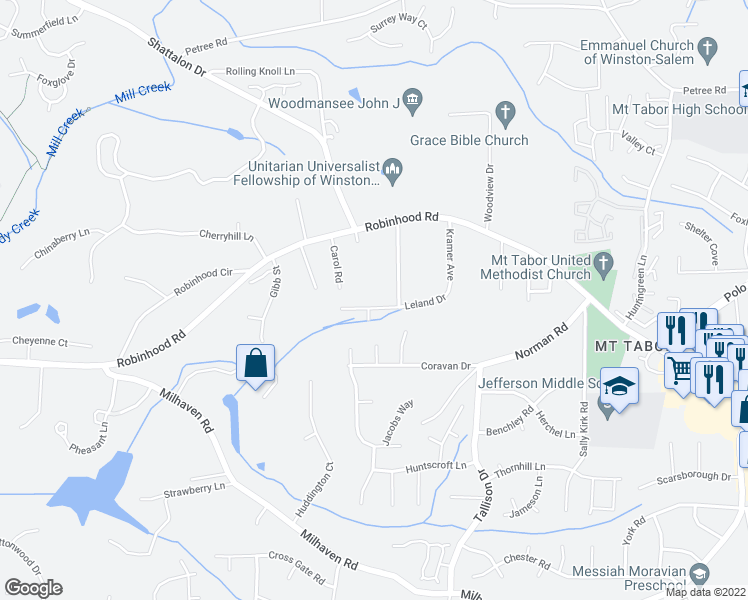 map of restaurants, bars, coffee shops, grocery stores, and more near 210 Leland Drive in Winston-Salem