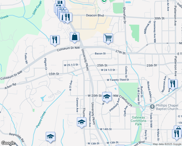map of restaurants, bars, coffee shops, grocery stores, and more near in Winston-Salem