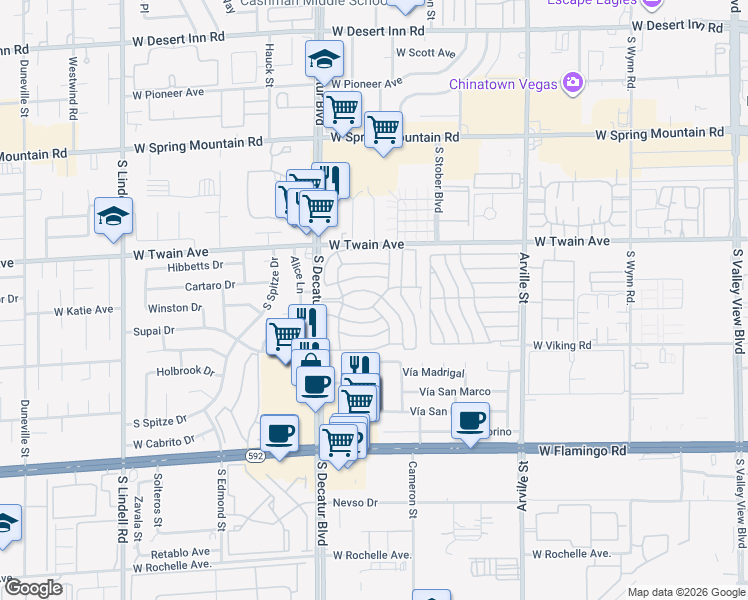 map of restaurants, bars, coffee shops, grocery stores, and more near Unnamed Road in Las Vegas