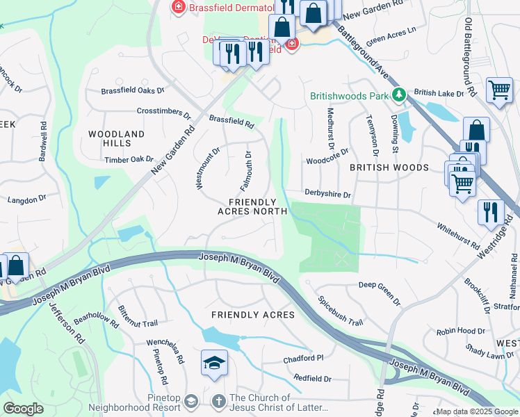 map of restaurants, bars, coffee shops, grocery stores, and more near 1910 Brassfield Road in Greensboro
