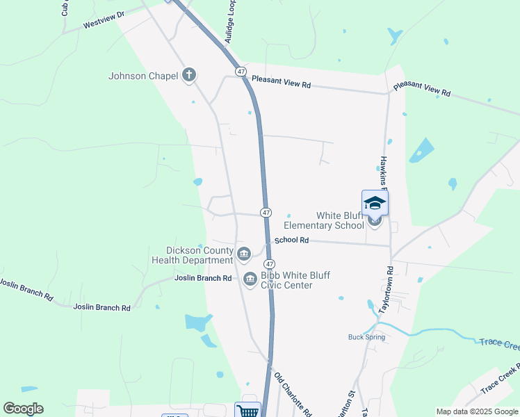 map of restaurants, bars, coffee shops, grocery stores, and more near 2235 Tennessee 47 in White Bluff