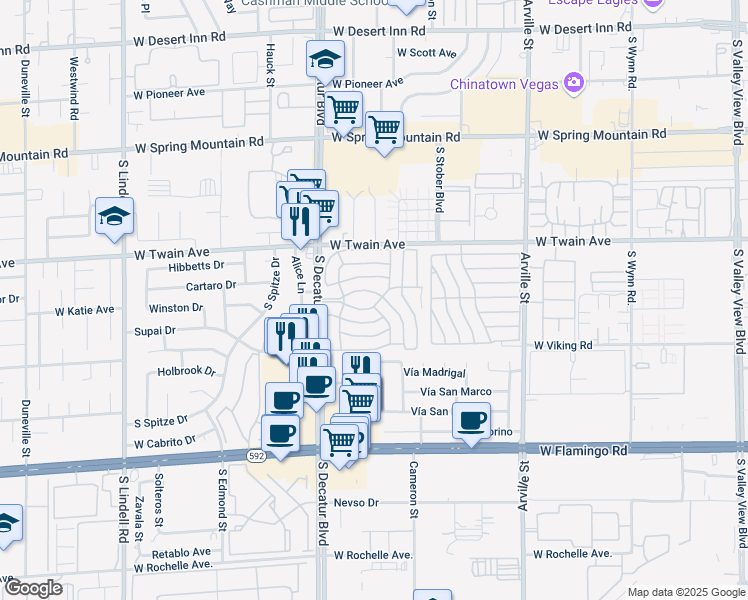 map of restaurants, bars, coffee shops, grocery stores, and more near Unnamed Road in Las Vegas