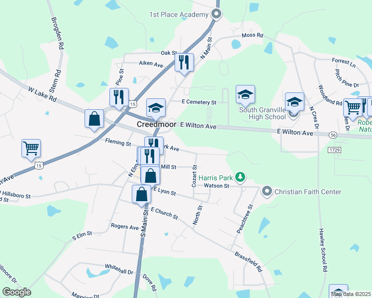 map of restaurants, bars, coffee shops, grocery stores, and more near 211 Park Avenue in Creedmoor