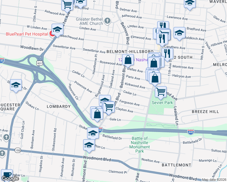 map of restaurants, bars, coffee shops, grocery stores, and more near 2907 Belmont Boulevard in Nashville