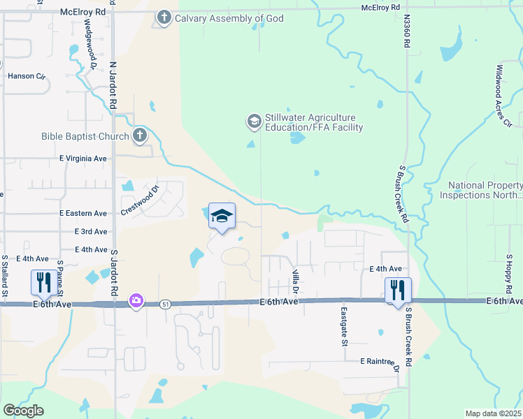 map of restaurants, bars, coffee shops, grocery stores, and more near South Drury Street in Stillwater