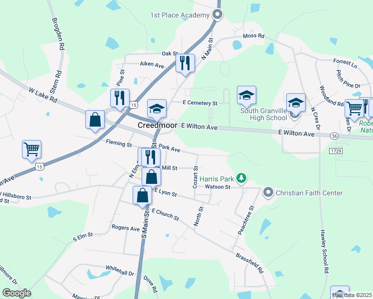 map of restaurants, bars, coffee shops, grocery stores, and more near 211 Park Avenue in Creedmoor