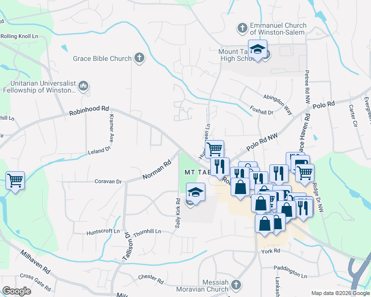 map of restaurants, bars, coffee shops, grocery stores, and more near 3544 Robinhood Road in Winston Salem