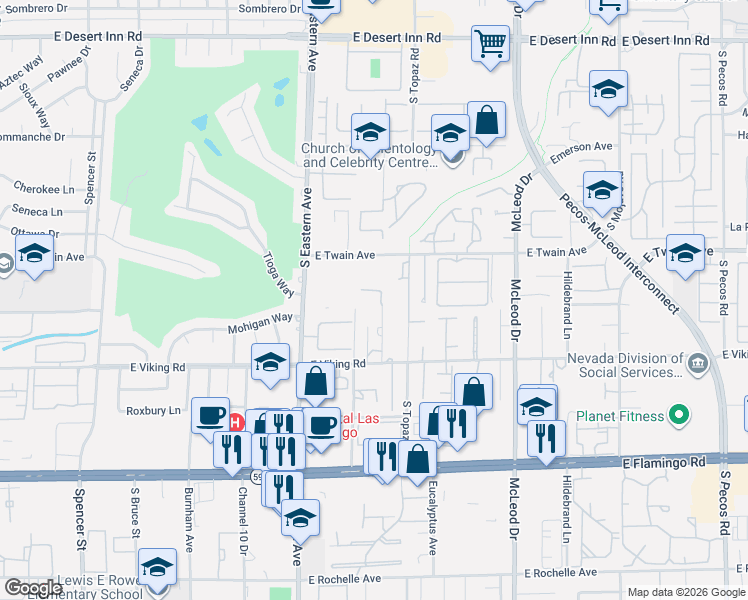 map of restaurants, bars, coffee shops, grocery stores, and more near 3821 Pacific Street in Las Vegas