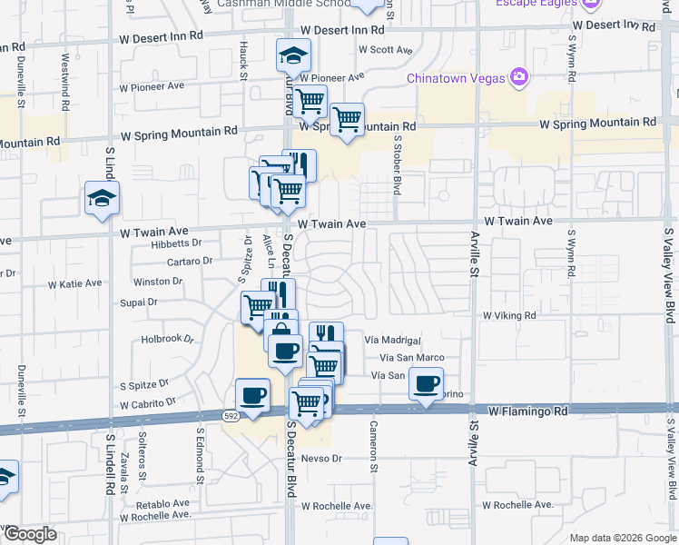 map of restaurants, bars, coffee shops, grocery stores, and more near Unnamed Road in Las Vegas