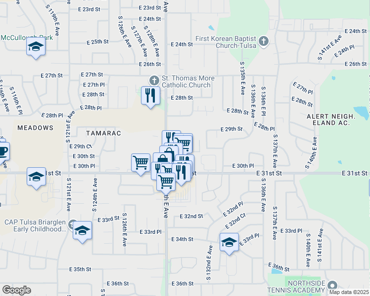 map of restaurants, bars, coffee shops, grocery stores, and more near 12919 East 31st Street in Tulsa
