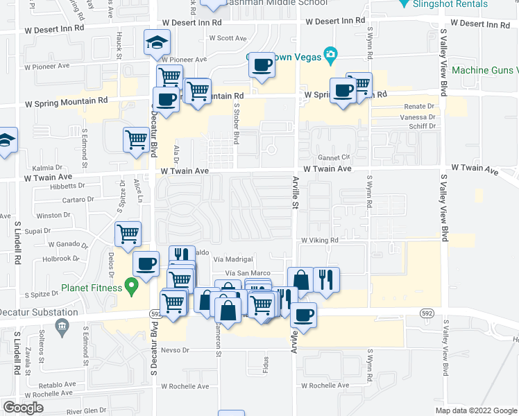 map of restaurants, bars, coffee shops, grocery stores, and more near 4525 West Twain Avenue in Las Vegas