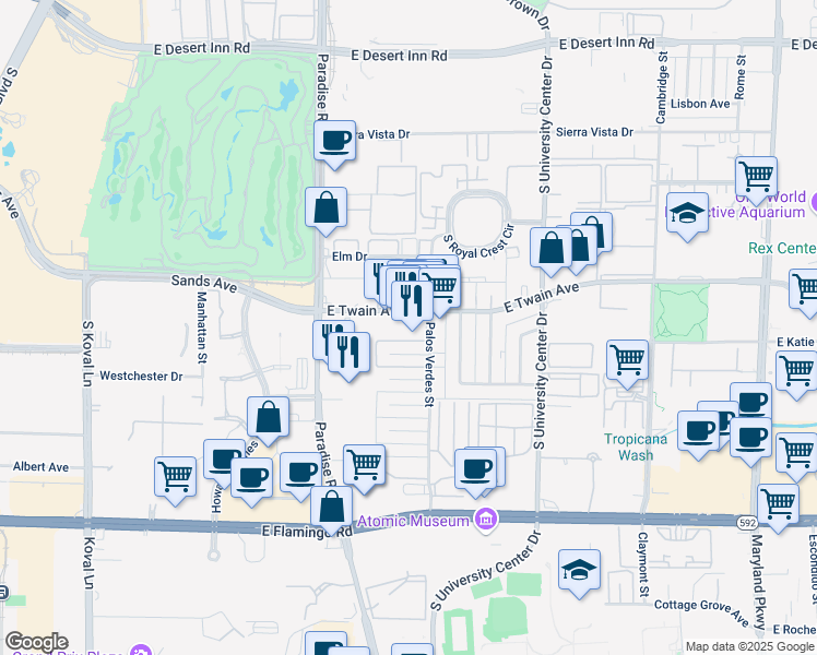 map of restaurants, bars, coffee shops, grocery stores, and more near 537 East Twain Avenue in Las Vegas